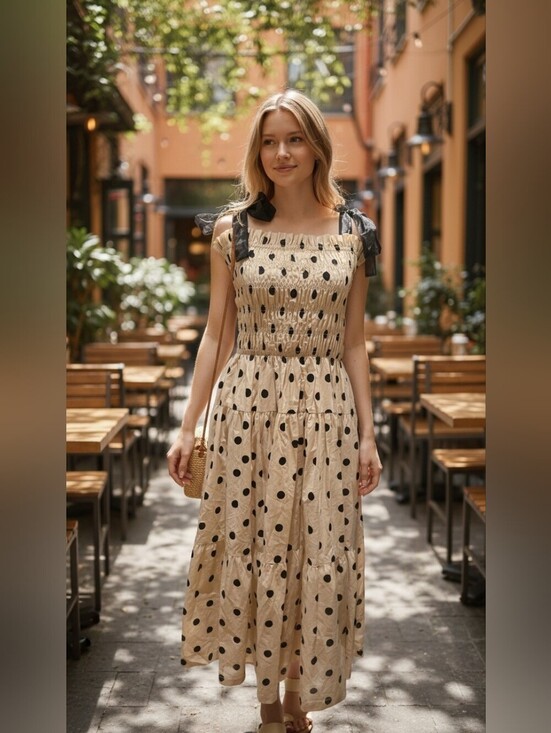 En Saison Dresses & Skirts - En Saison Beige Maxi Dress with Black Polka Dots